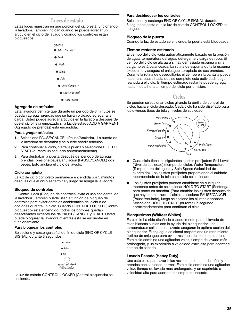 Luces de estado, Ciclos | Whirlpool 8182674 User Manual | Page 35 / 68