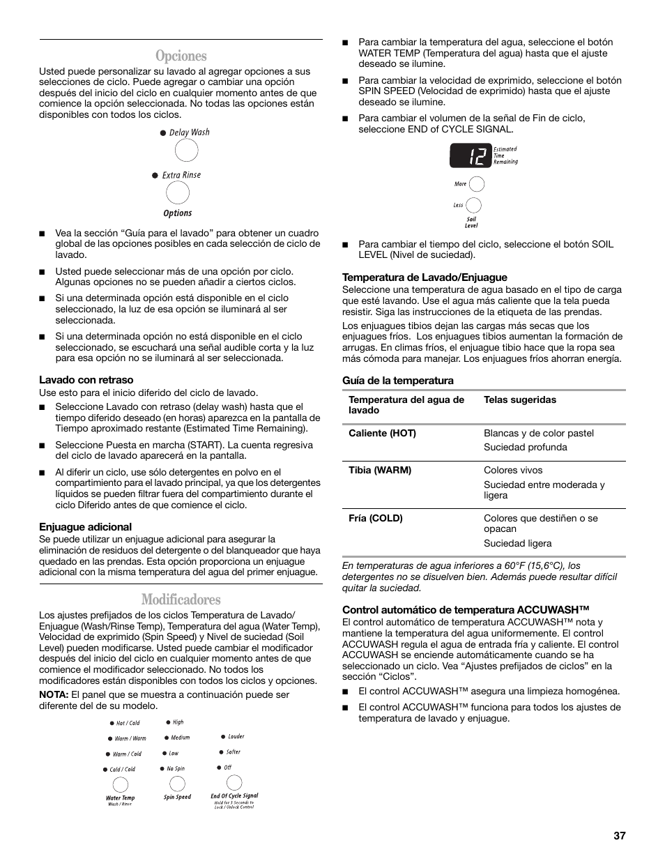 Opciones, Modificadores | Whirlpool 8182674 User Manual | Page 37 / 68