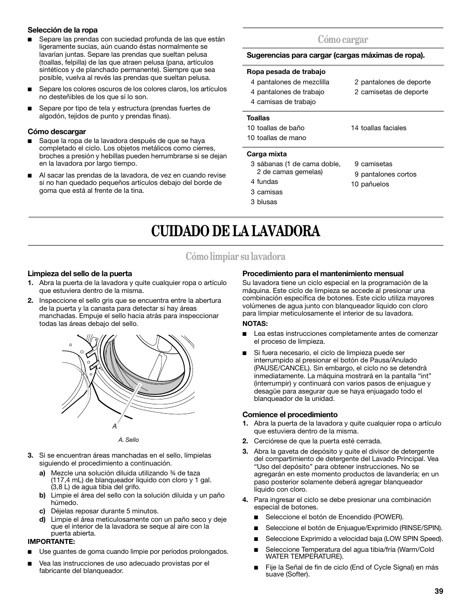 Cuidado de la lavadora, Cómo cargar, Cómo limpiar su lavadora | Whirlpool 8182674 User Manual | Page 39 / 68