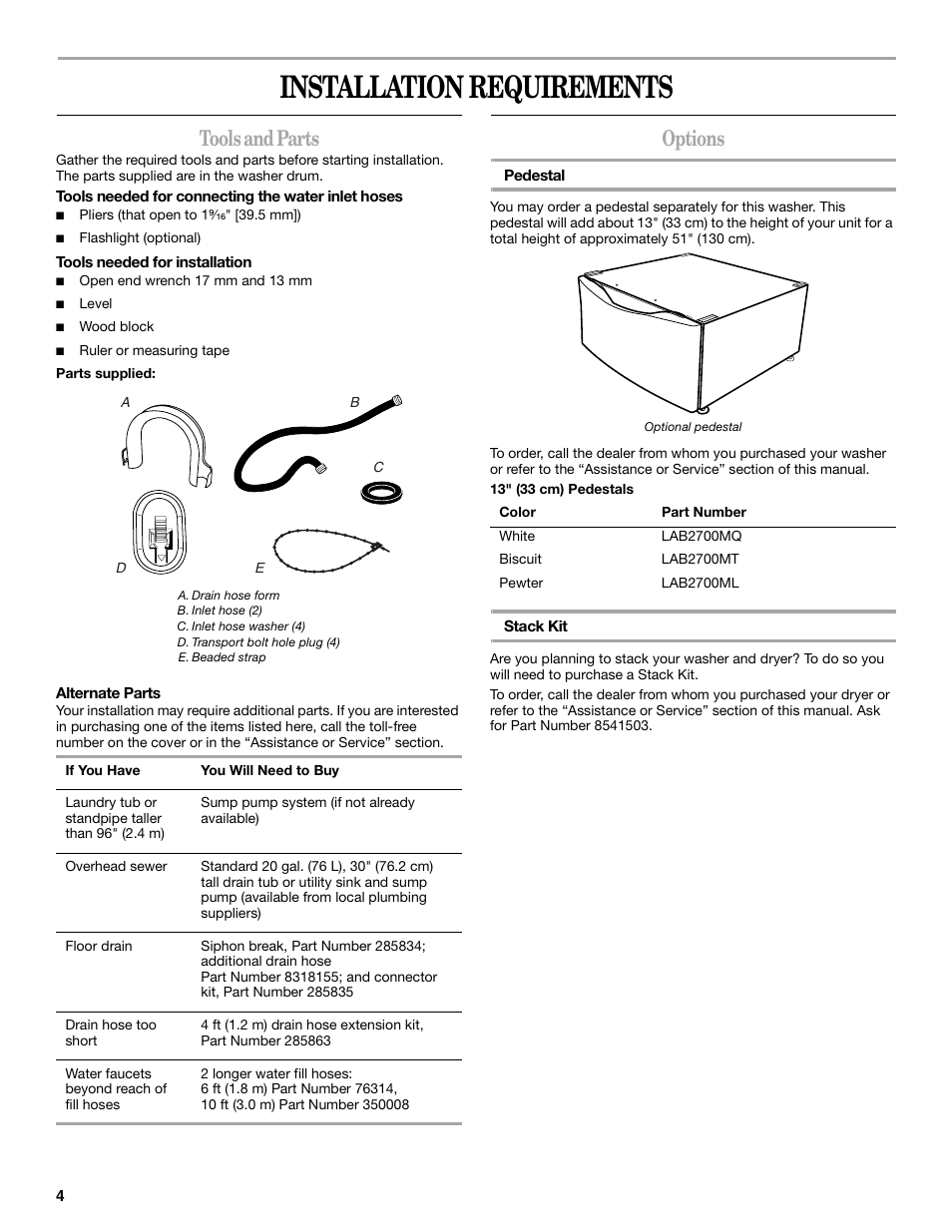 Installation requirements, Tools and parts, Options | Whirlpool 8182674 User Manual | Page 4 / 68