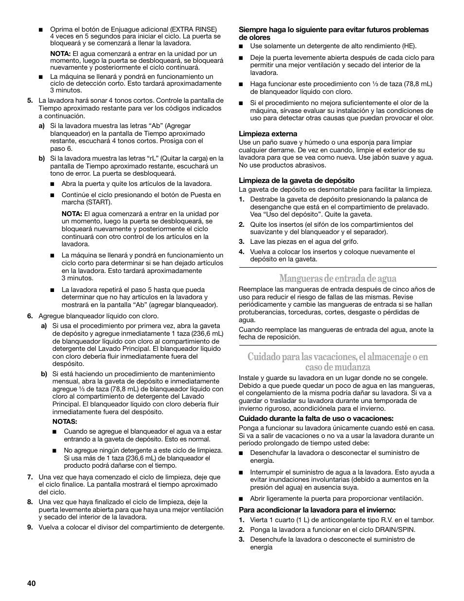 Mangueras de entrada de agua | Whirlpool 8182674 User Manual | Page 40 / 68