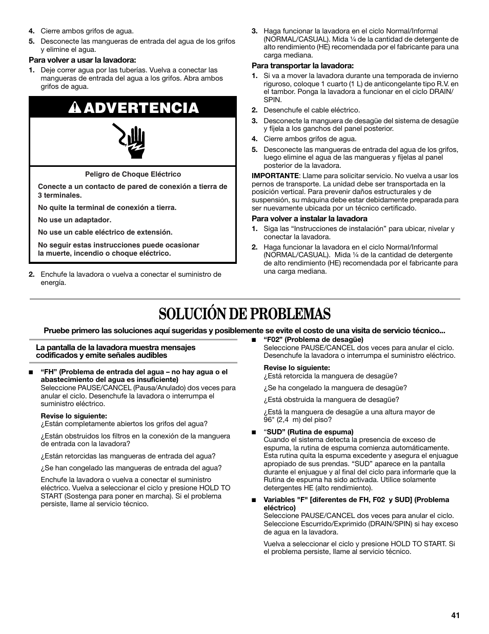 Solución de problemas, Advertencia | Whirlpool 8182674 User Manual | Page 41 / 68