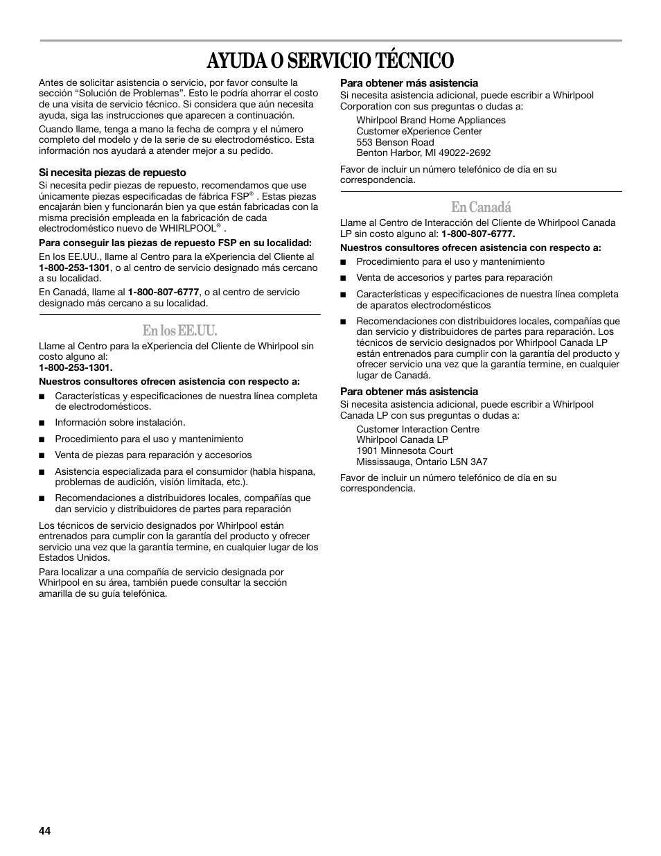 Ayuda o servicio técnico, En los ee.uu, En canadá | Whirlpool 8182674 User Manual | Page 44 / 68