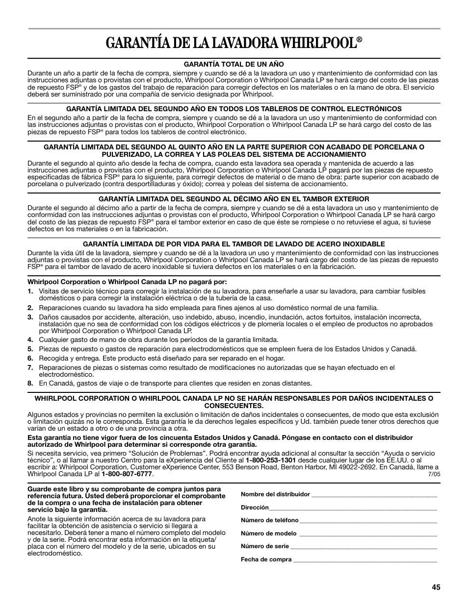 Garantía de la lavadora whirlpool | Whirlpool 8182674 User Manual | Page 45 / 68