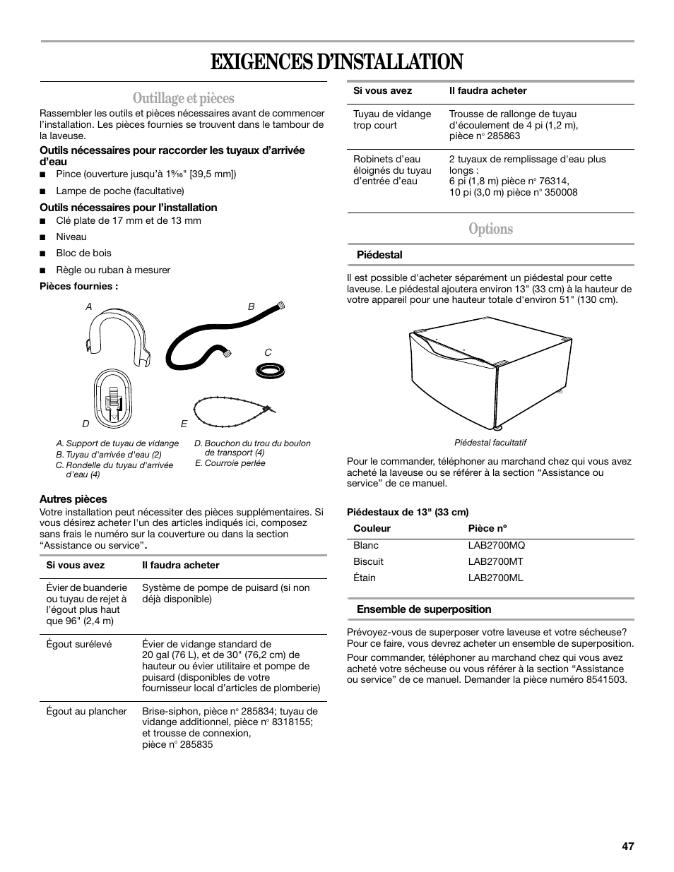 Exigences d’installation, Outillage et pièces, Options | Whirlpool 8182674 User Manual | Page 47 / 68