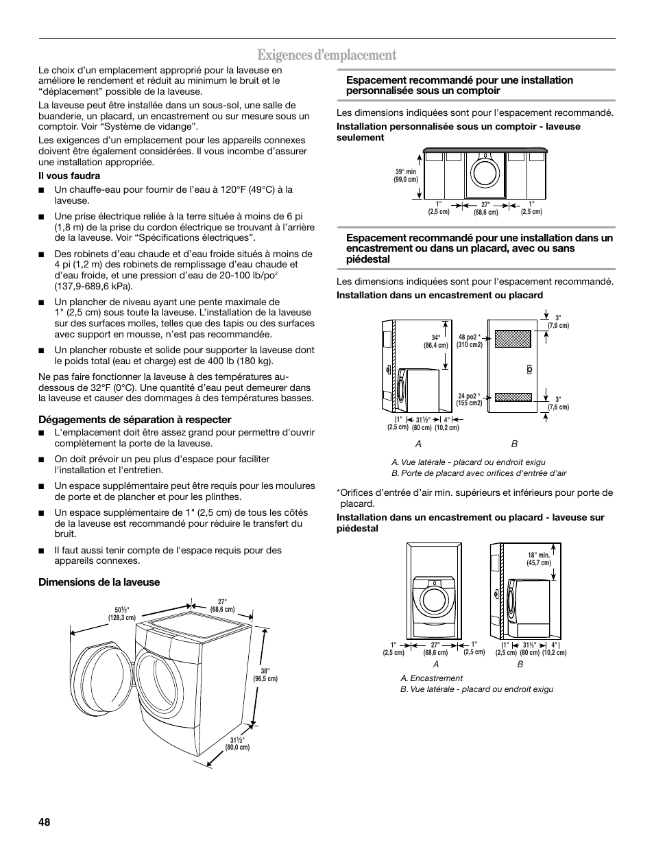 Exigences d’emplacement | Whirlpool 8182674 User Manual | Page 48 / 68