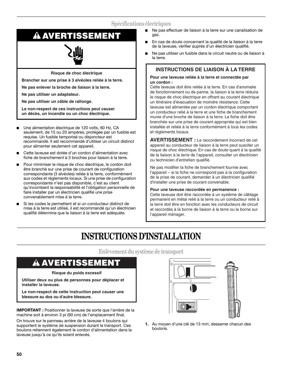 Instructions d’installation, Avertissement, Spécifications électriques | Enlèvement du système de transport | Whirlpool 8182674 User Manual | Page 50 / 68