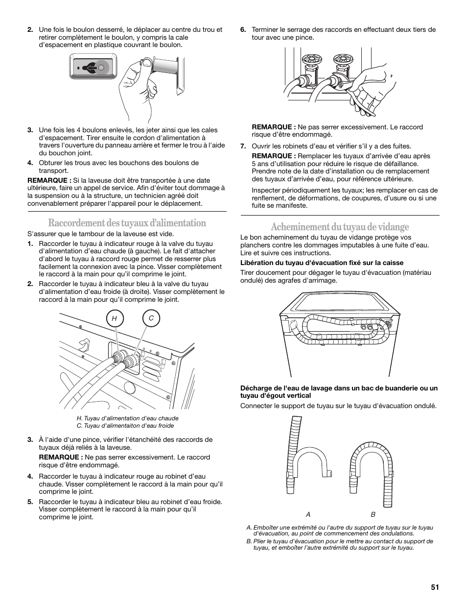 Raccordement des tuyaux d'alimentation, Acheminement du tuyau de vidange | Whirlpool 8182674 User Manual | Page 51 / 68