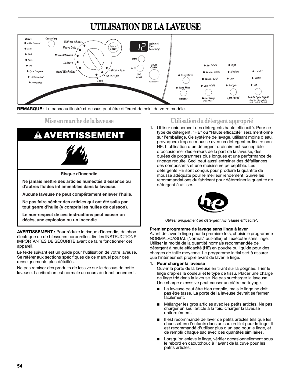 Utilisation de la laveuse, Avertissement, Mise en marche de la laveuse | Utilisation du détergent approprié | Whirlpool 8182674 User Manual | Page 54 / 68