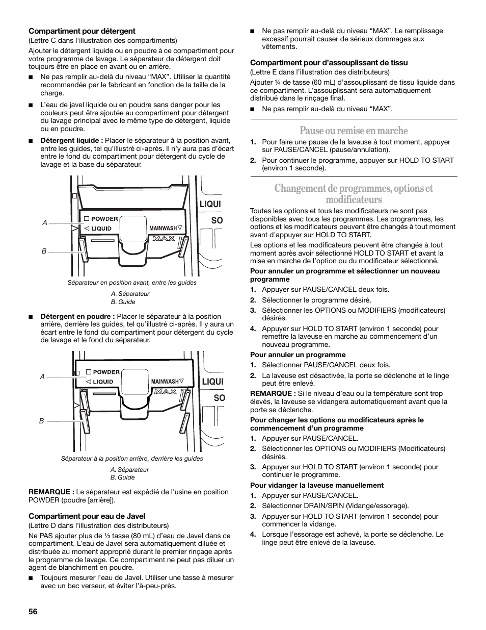Pause ou remise en marche, Changement de programmes, options et modificateurs | Whirlpool 8182674 User Manual | Page 56 / 68