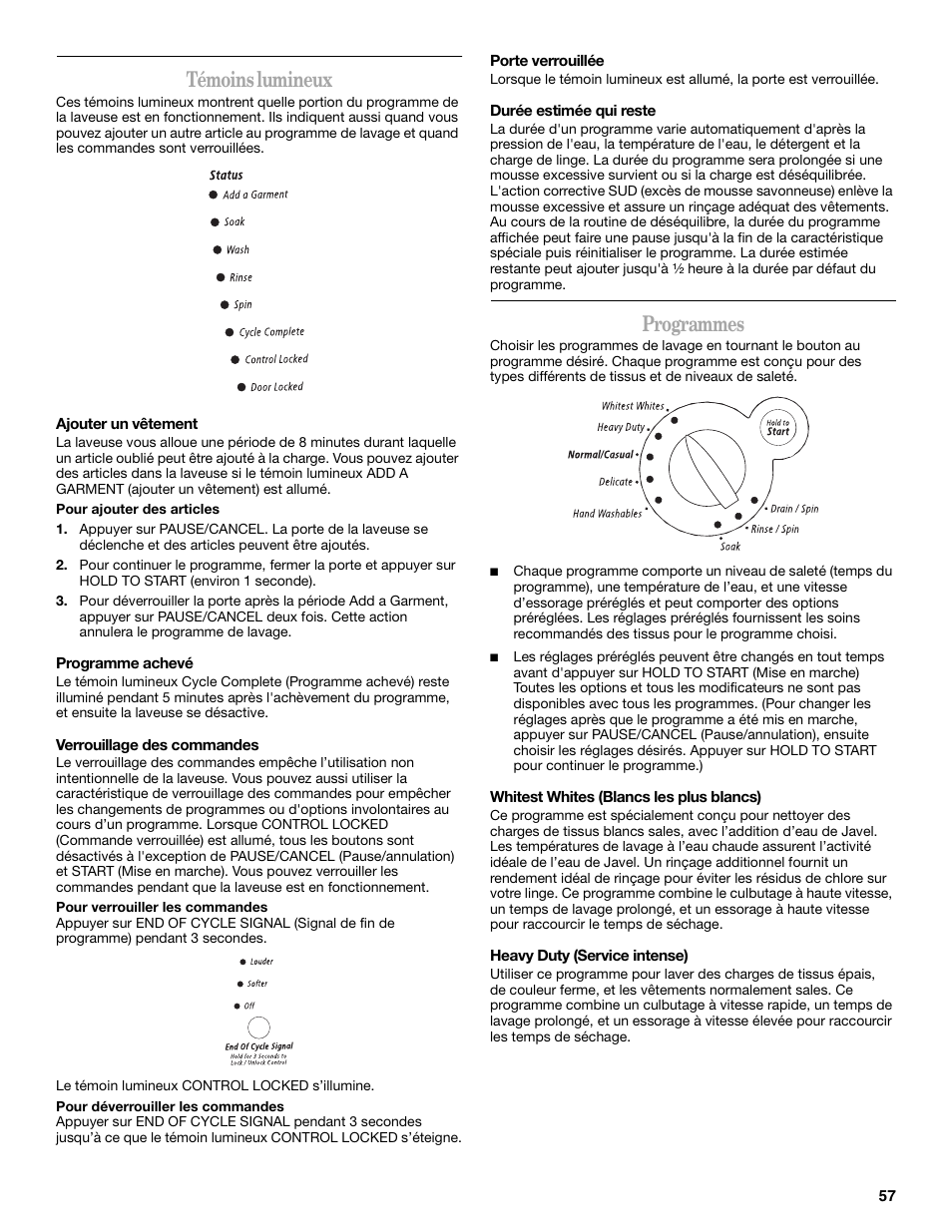 Témoins lumineux, Programmes | Whirlpool 8182674 User Manual | Page 57 / 68
