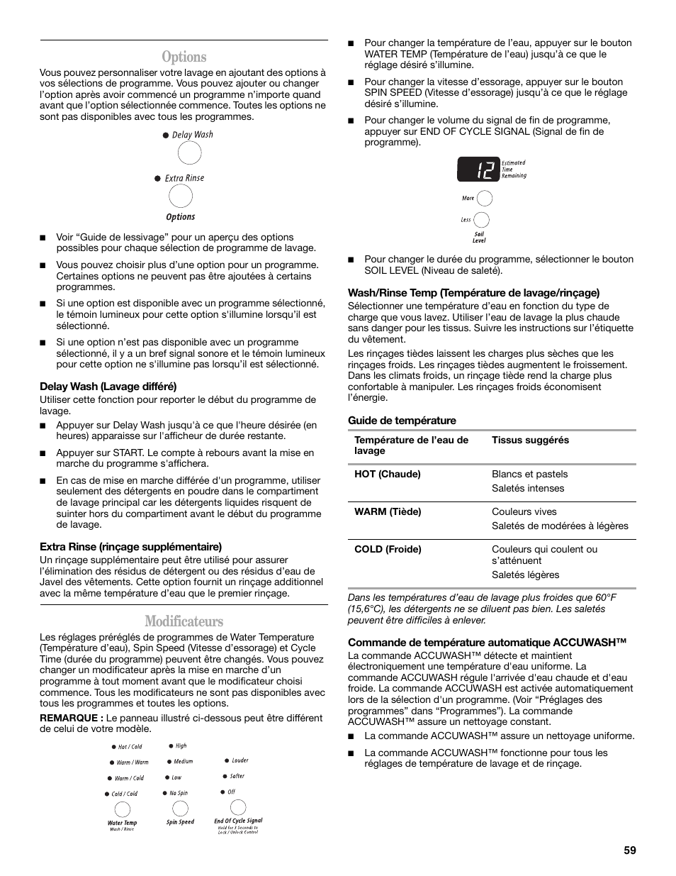 Options, Modificateurs | Whirlpool 8182674 User Manual | Page 59 / 68