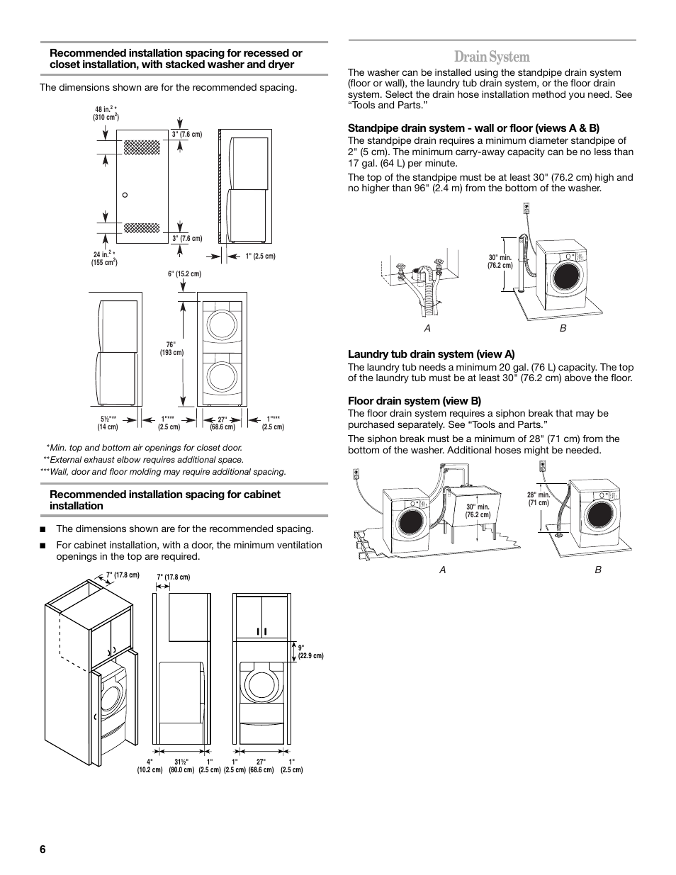 Drain system, Laundry tub drain system (view a), Floor drain system (view b) | Whirlpool 8182674 User Manual | Page 6 / 68
