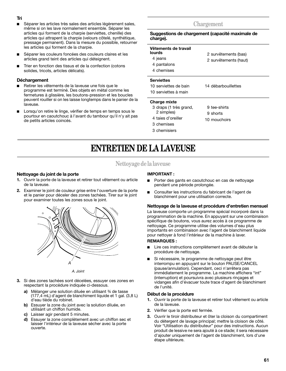 Entretien de la laveuse, Chargement, Nettoyage de la laveuse | Whirlpool 8182674 User Manual | Page 61 / 68