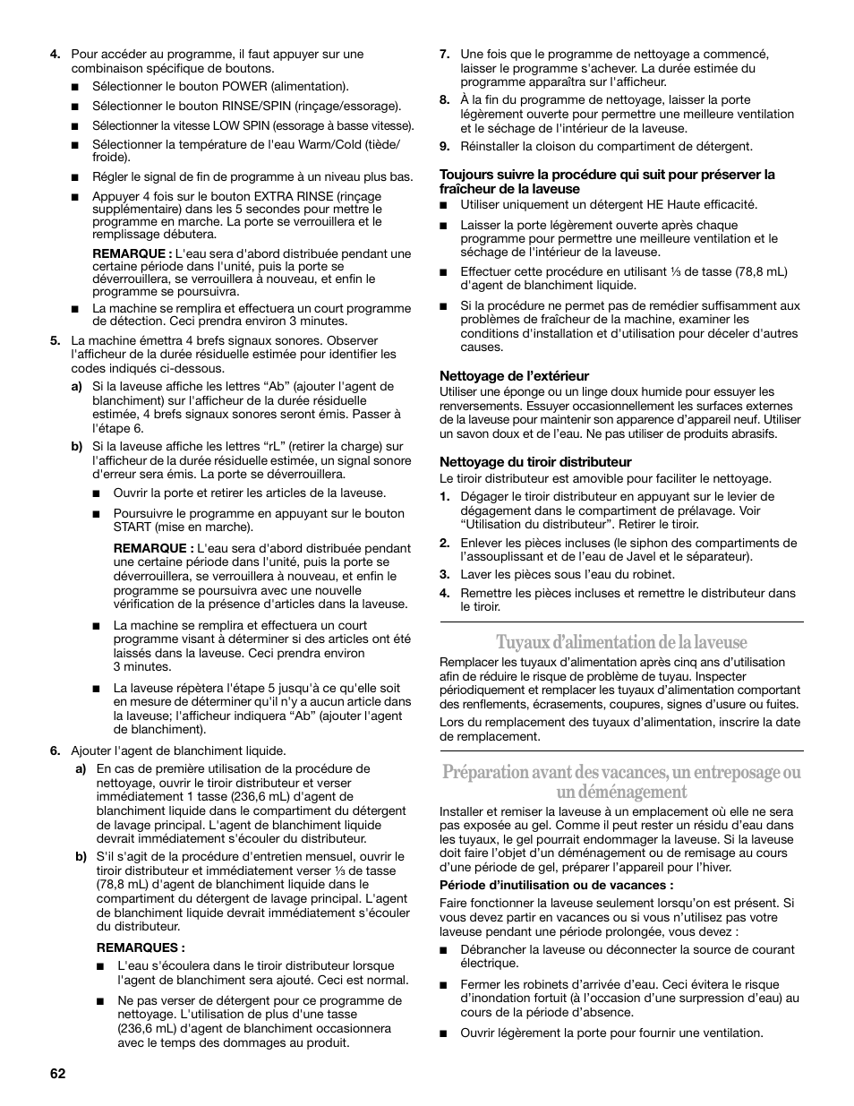 Tuyaux d’alimentation de la laveuse | Whirlpool 8182674 User Manual | Page 62 / 68