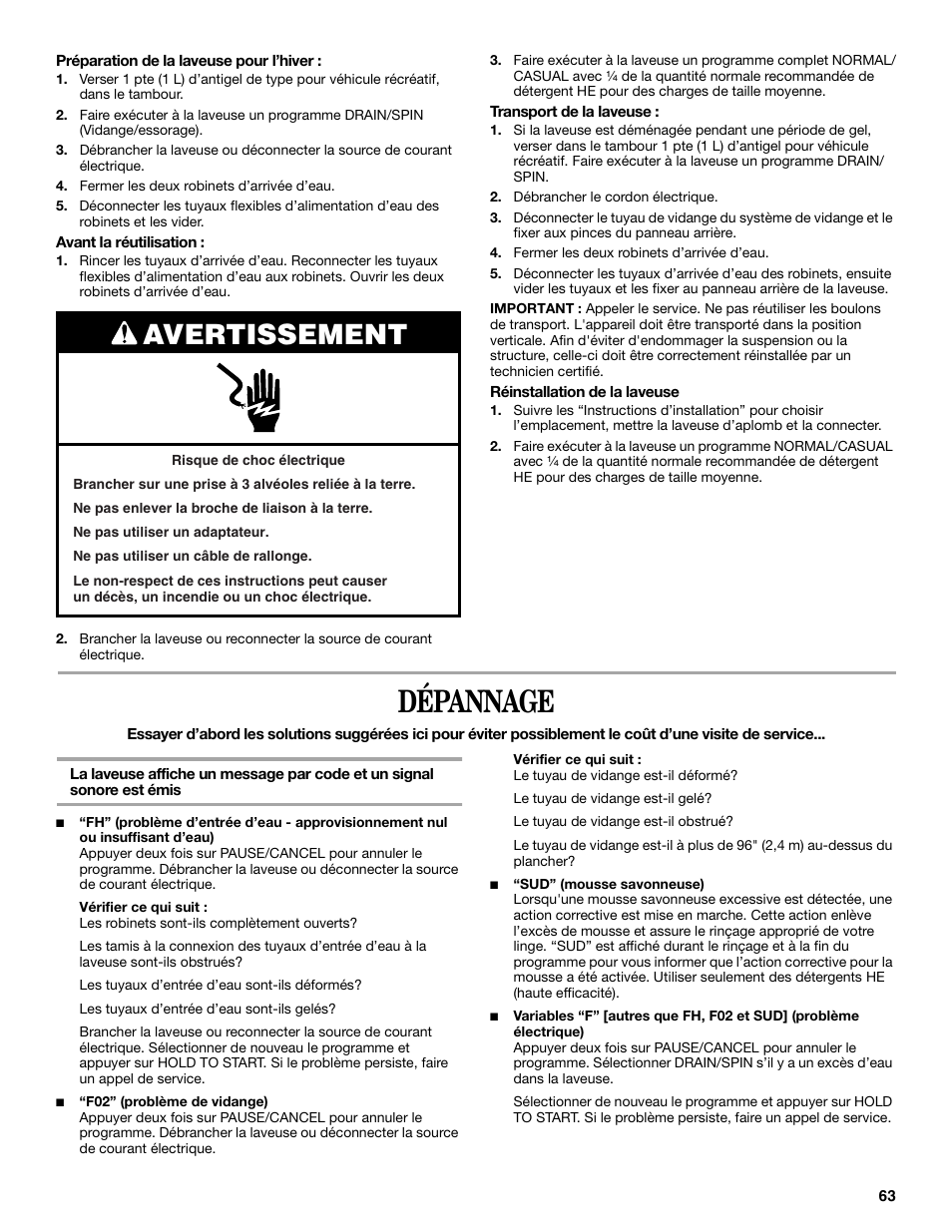 Dépannage, Avertissement | Whirlpool 8182674 User Manual | Page 63 / 68