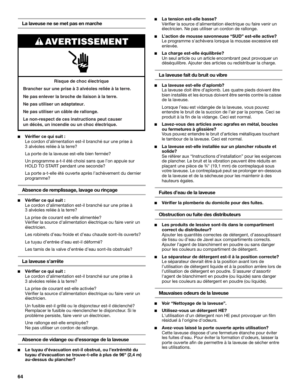 Avertissement | Whirlpool 8182674 User Manual | Page 64 / 68