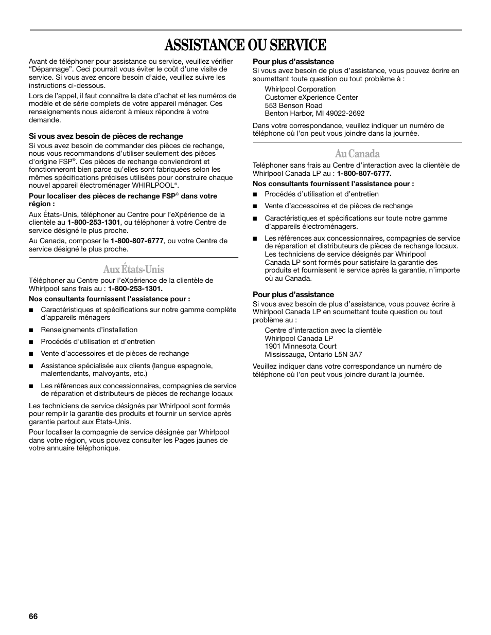 Assistance ou service, Aux états-unis, Au canada | Whirlpool 8182674 User Manual | Page 66 / 68