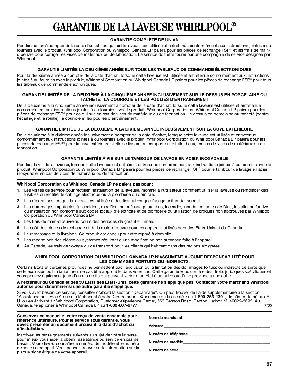 Garantie de la laveuse whirlpool | Whirlpool 8182674 User Manual | Page 67 / 68