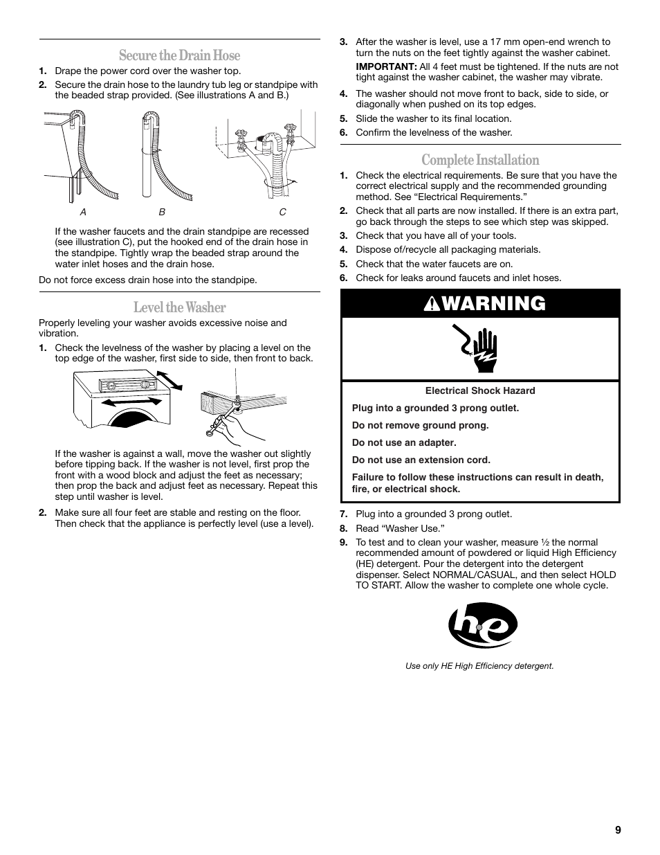 Warning, Secure the drain hose, Level the washer | Complete installation | Whirlpool 8182674 User Manual | Page 9 / 68