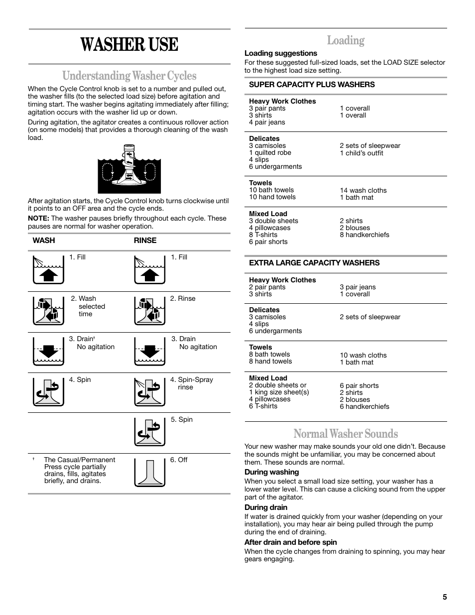 Washeruse, Washer use, Understanding washer cycles | Loading, Normal washer sounds | Whirlpool 3955155A User Manual | Page 5 / 12