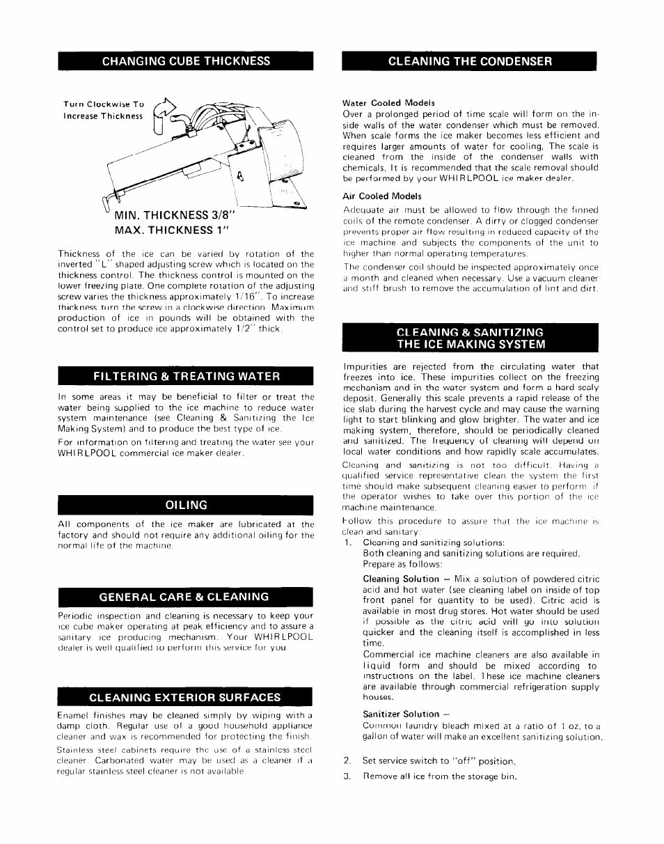 Changing cube thickness, Cleaning the condenser, Cleaning & sanitizing the ice making system | Filtering & treating water, Oiling, General care & cleaning, Cleaning exterior surfaces, Changing cube thickness cleaning the condenser | Whirlpool CHS-12RC User Manual | Page 5 / 6