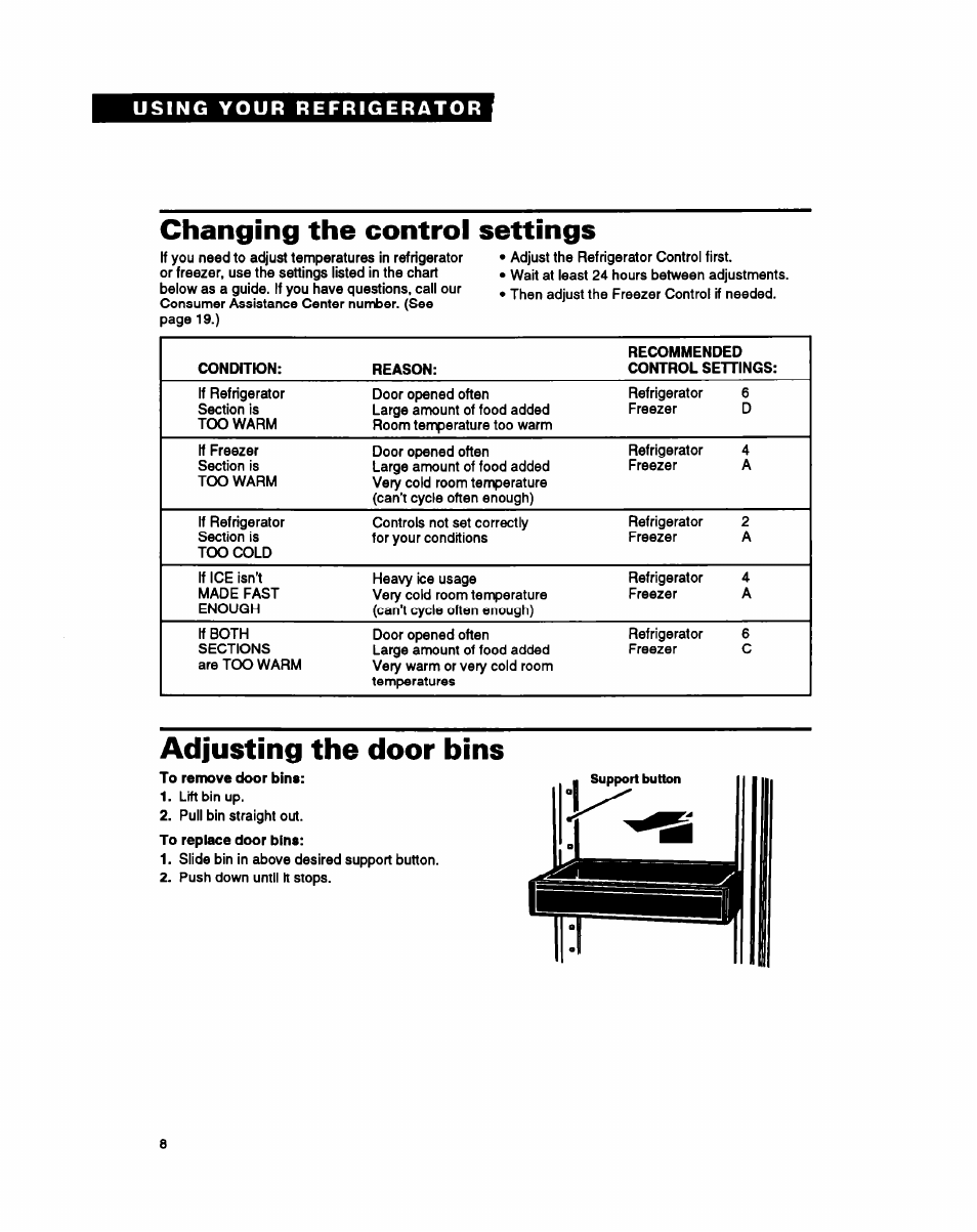 Changing the control settings, Adjusting the door bins | Whirlpool ET25PK User Manual | Page 8 / 20