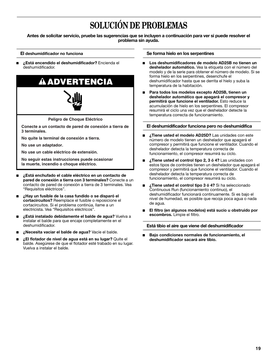 Solución de problemas, Advertencia | Whirlpool AD35DSS1 User Manual | Page 19 / 20