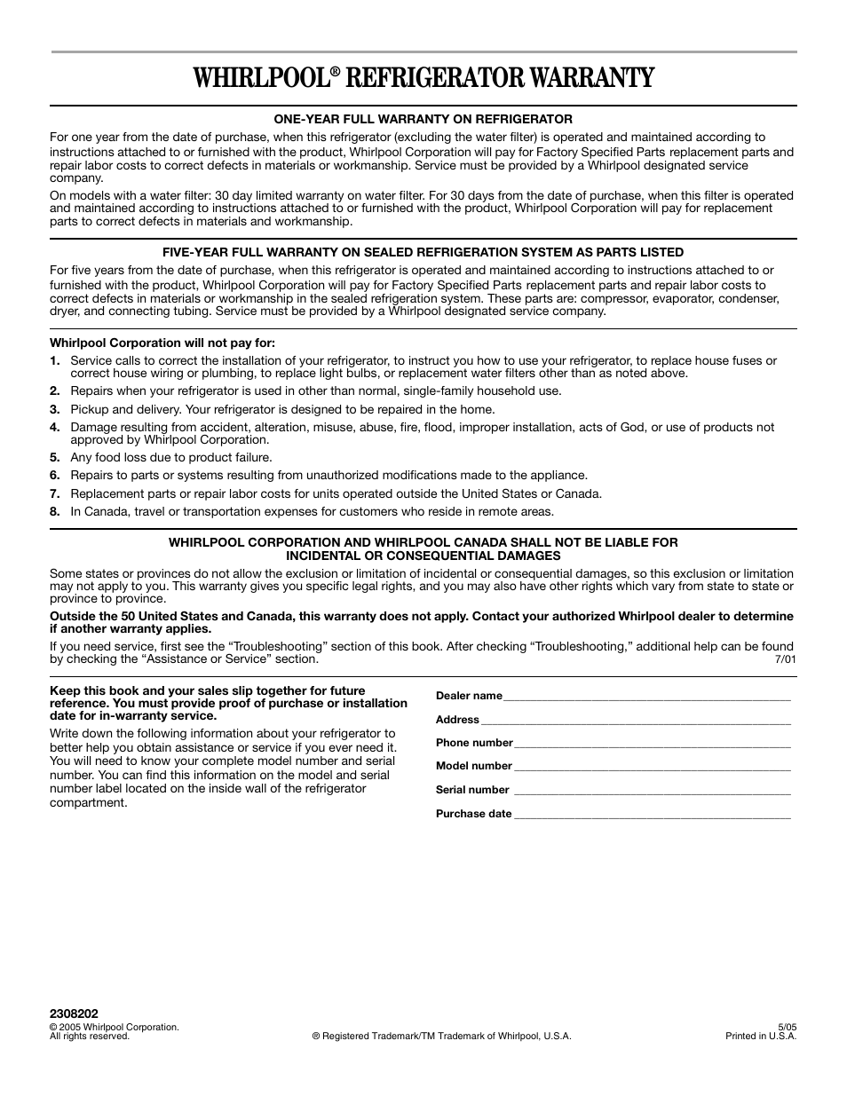 Whirlpool, Refrigerator warranty | Whirlpool 8ED2GTKXRQ00 User Manual | Page 24 / 24