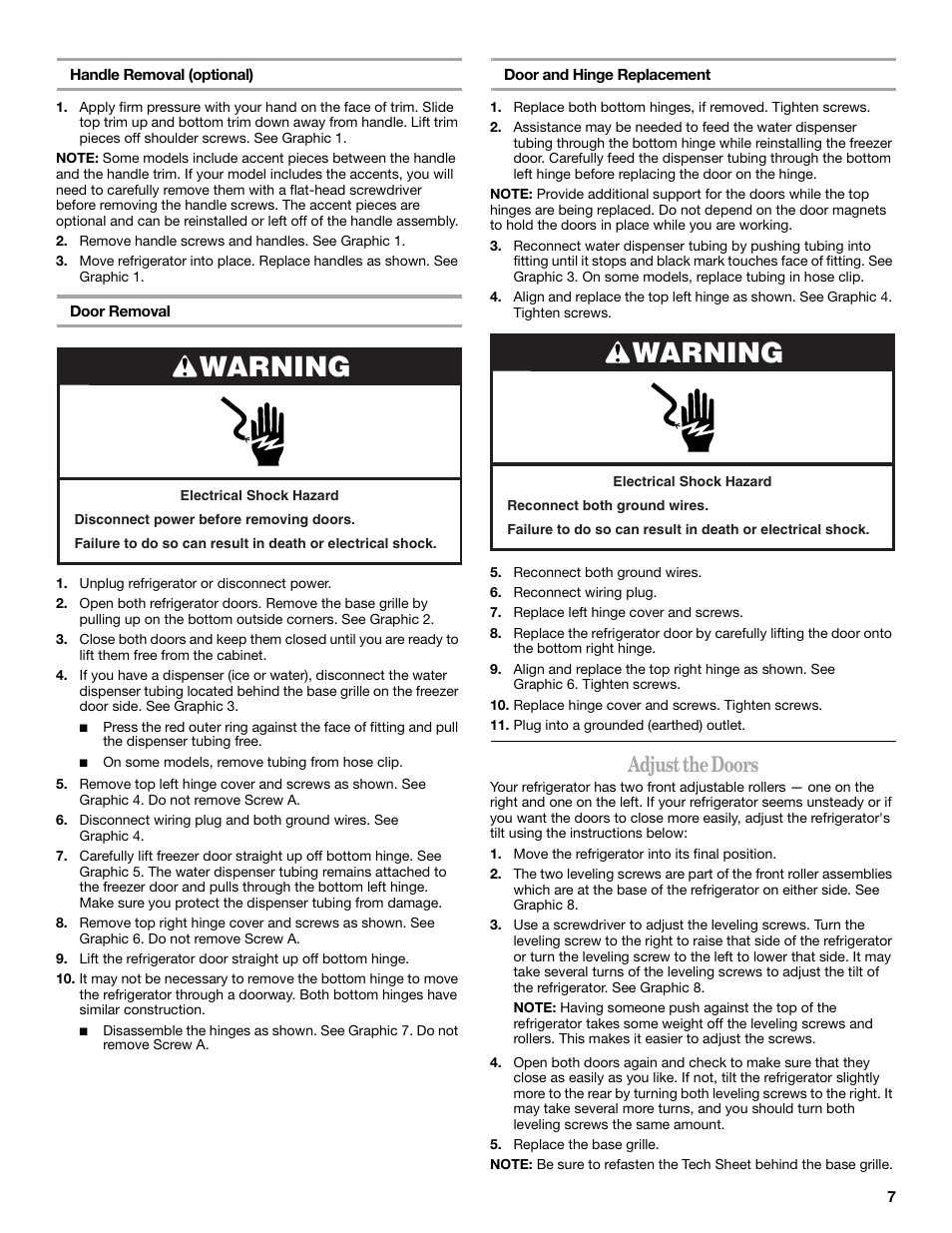 Warning, Adjust the doors | Whirlpool 8ED2GTKXRQ00 User Manual | Page 7 / 24