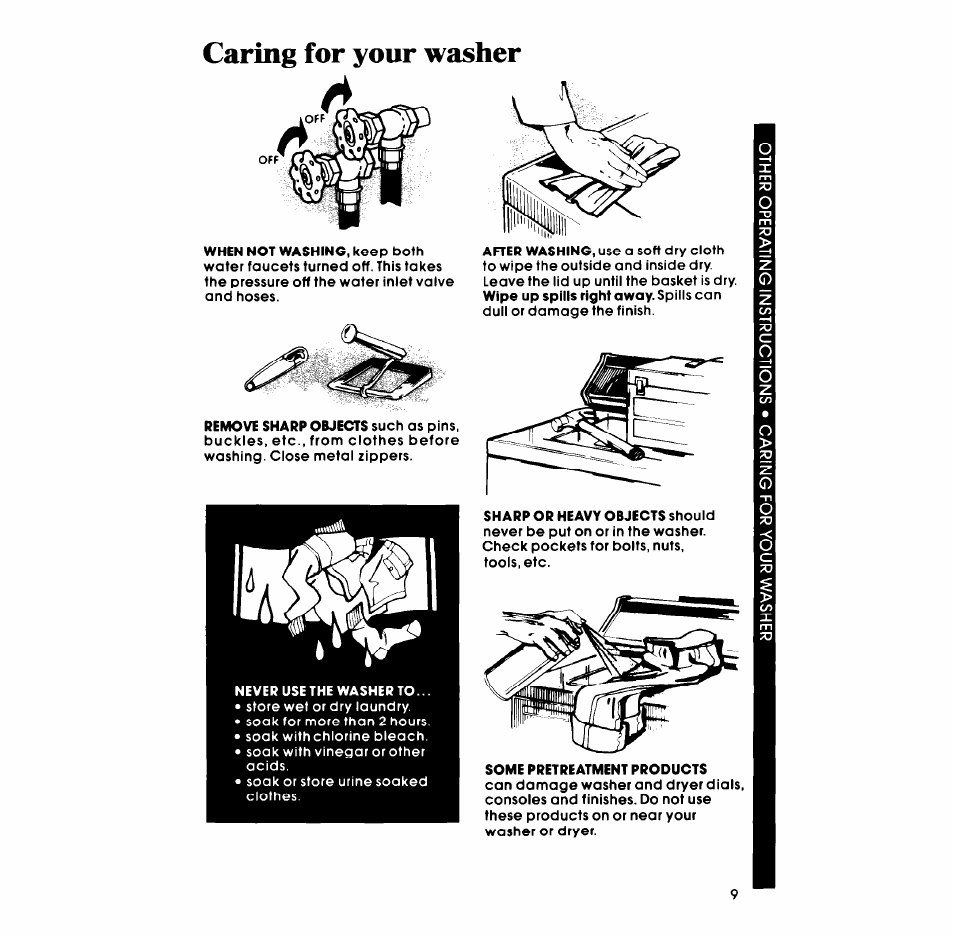 Caring for your washer | Whirlpool LASOOXM User Manual | Page 9 / 12