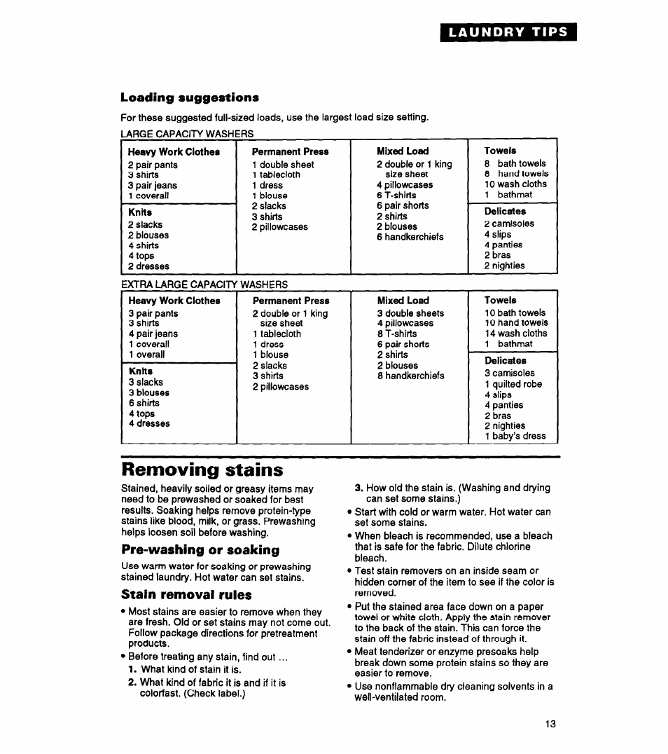 Loading suggestions, Pre-washing or soaking, Stain removal rules | Removing stains | Whirlpool LLR5144BQ0 User Manual | Page 13 / 24