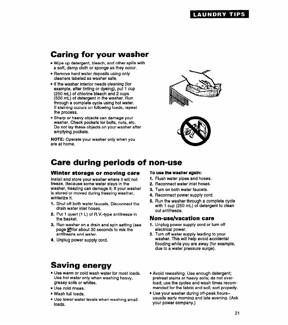 Winter storage or moving care, Non-use/vacation care, Caring for your washer | Care during periods of non-use, Saving energy | Whirlpool LLR5144BQ0 User Manual | Page 21 / 24