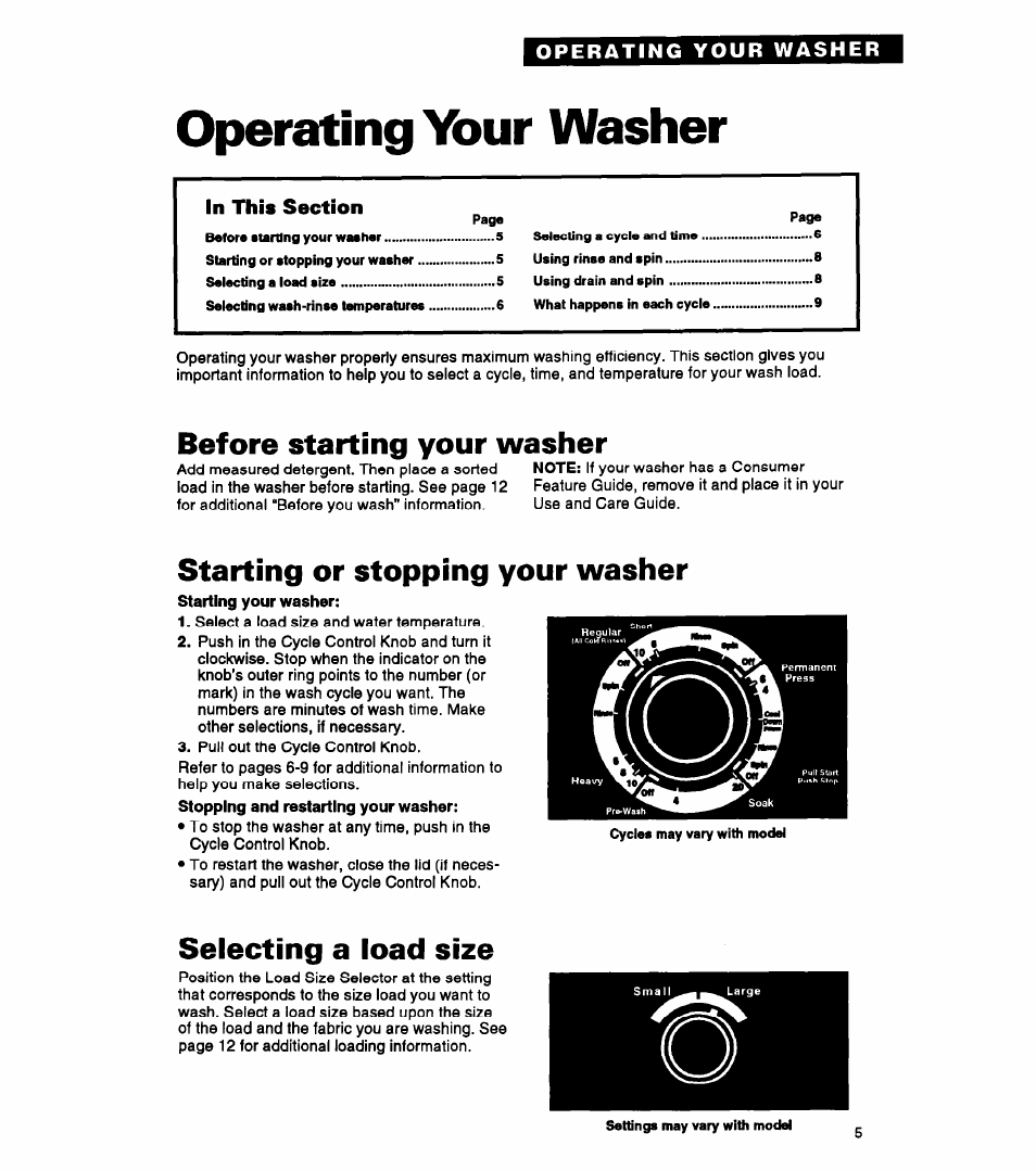 Operating your washer, Before starting your washer, Starting or stopping your washer | Selecting a load size | Whirlpool LLR5144BQ0 User Manual | Page 5 / 24