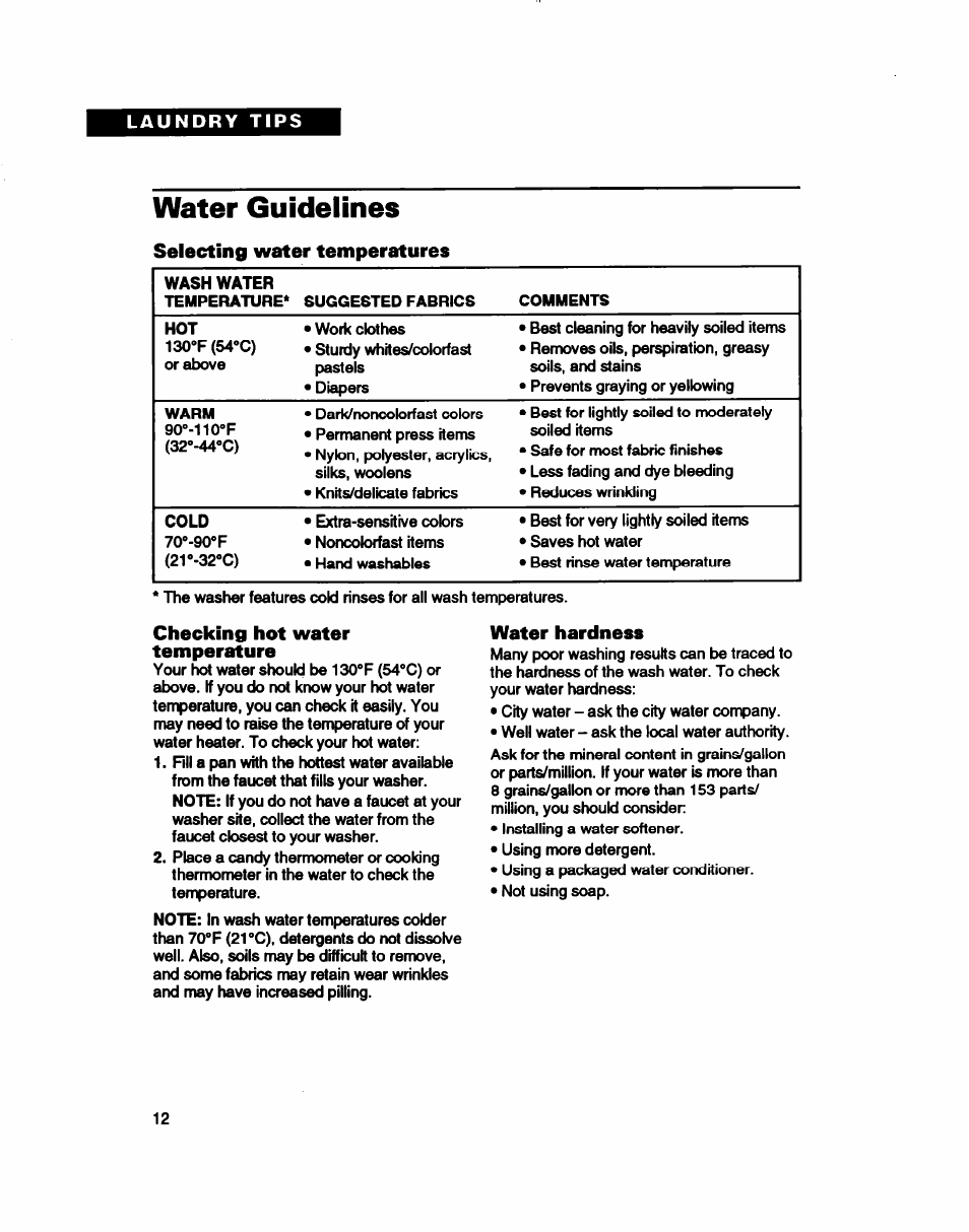 Water guidelines, Selecting water temperatures, Checking hot water temperature | Water hardness | Whirlpool RAB3132D User Manual | Page 12 / 20