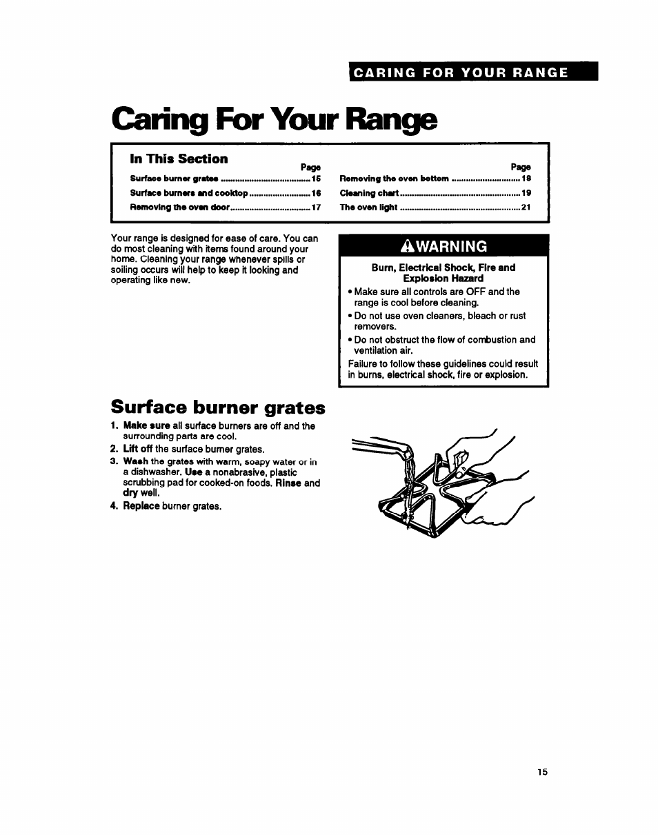 Caring for your range, Burn, electrical shock, fire and explosion hazard, Surface burner grates | Warning | Whirlpool FGP357Y User Manual | Page 15 / 24