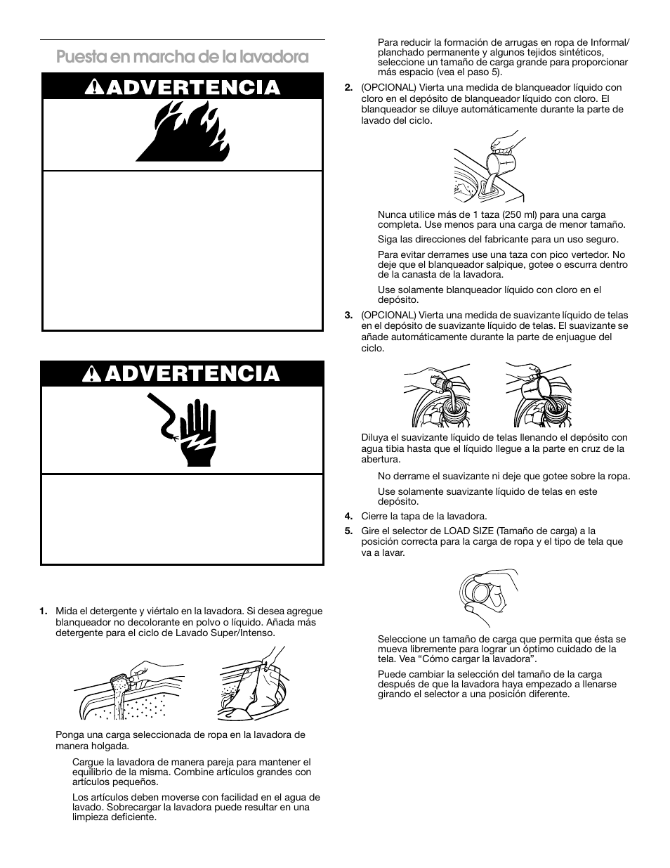 Advertencia, Puesta en marcha de la lavadora | Whirlpool 2DLSQ8000JQ0 User Manual | Page 14 / 20
