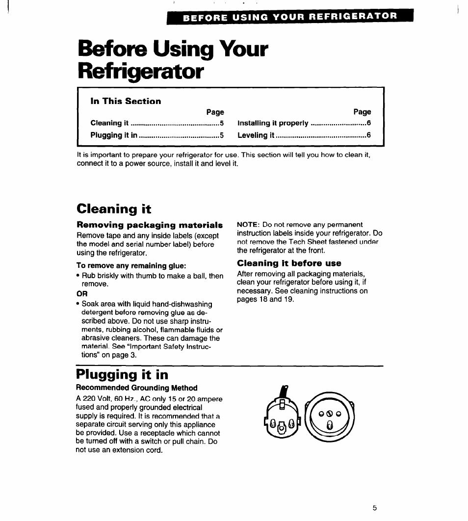 Before using your refrigerator, Cleaning it, Removing packaging materials | Cleaning it before use, Plugging it in | Whirlpool 4VED29DQ User Manual | Page 5 / 24