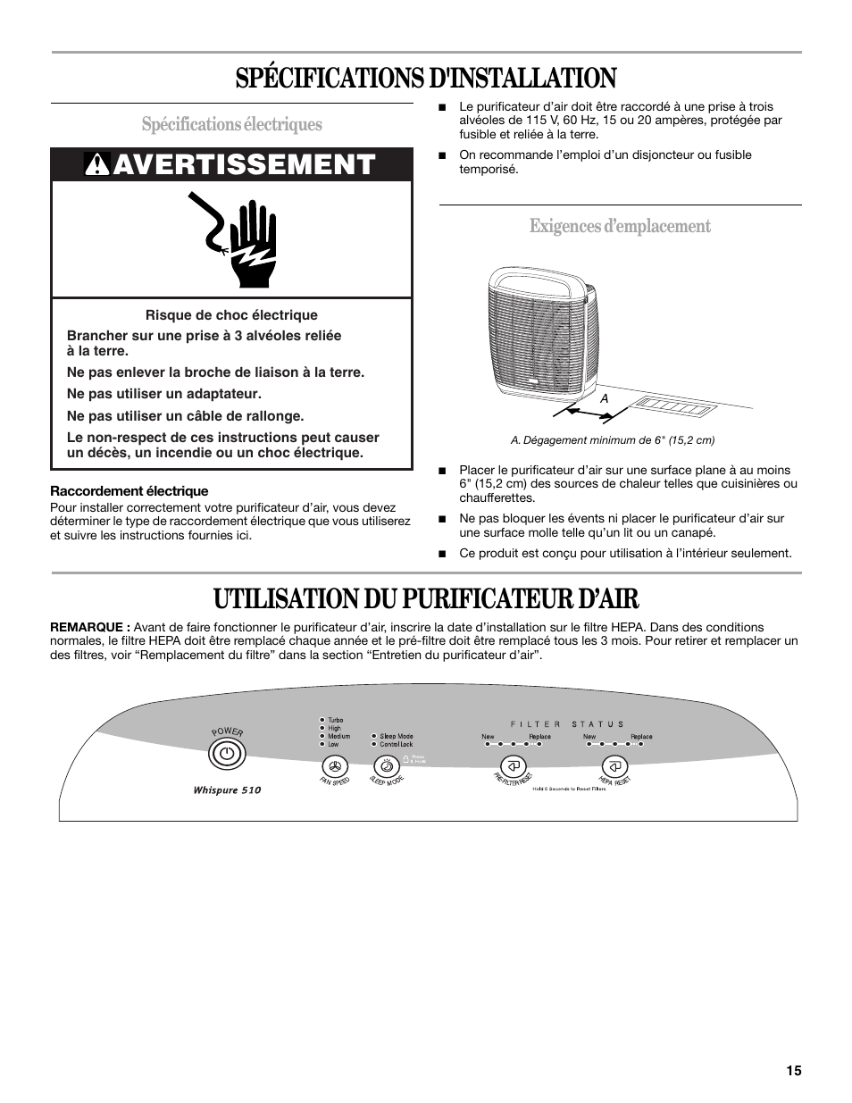 Spécifications d'installation, Utilisation du purificateur d’air, Avertissement | Spécifications électriques, Exigences d’emplacement | Whirlpool Whispure Air Purifier User Manual | Page 15 / 20