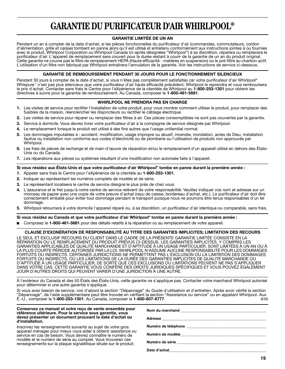 Garantie du purificateur d'air whirlpool | Whirlpool Whispure Air Purifier User Manual | Page 19 / 20