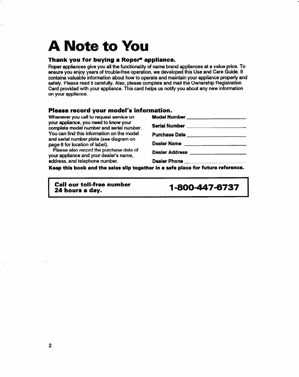 A note to you, Thank you for buying a roper* appliance, Please record your model's information | Call our toll-free number 24 hours a day | Whirlpool 3396314 User Manual | Page 2 / 34