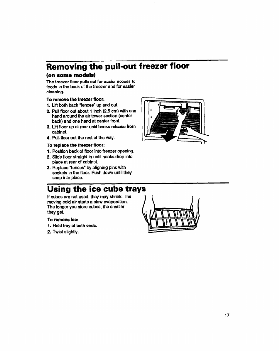 Removing the pull-out freezer floor, On some models), Using the ice cube trays | Whirlpool 3ET16NKXDG00 User Manual | Page 18 / 29