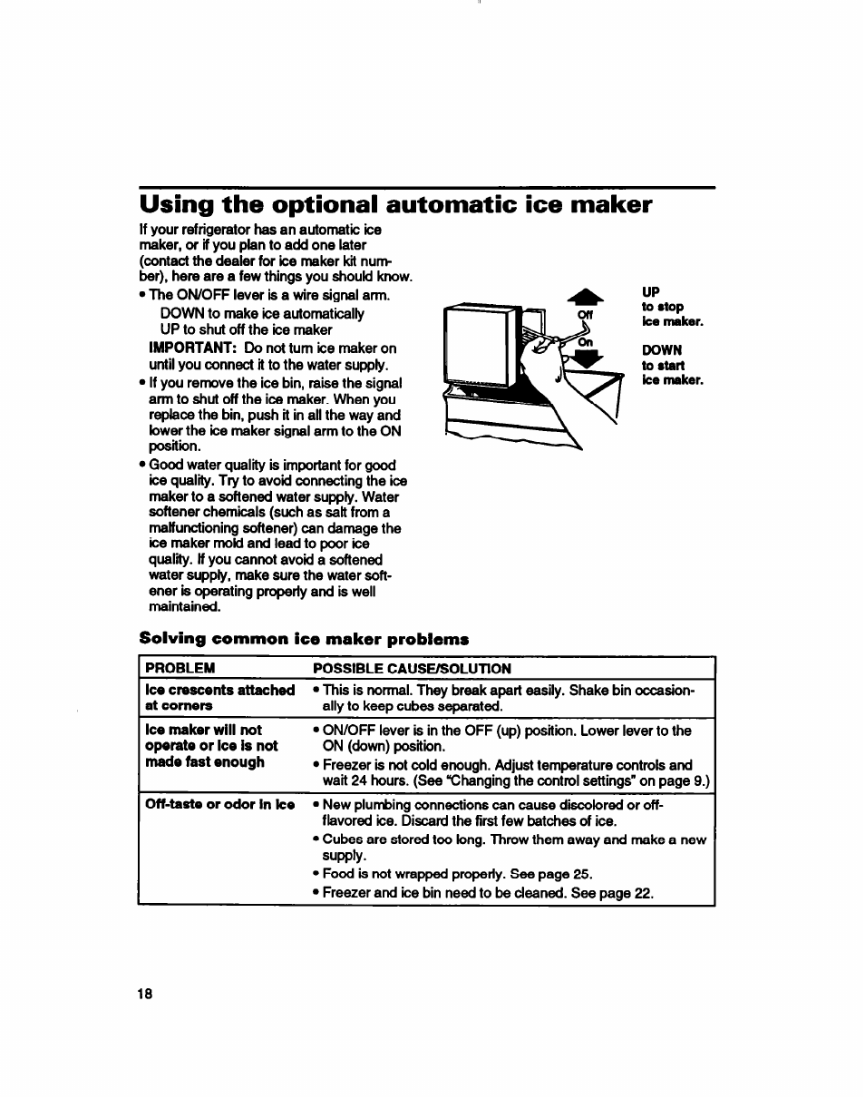 Using the optional automatic ice maker, Solving common ice maker problems | Whirlpool 3ET16NKXDG00 User Manual | Page 19 / 29