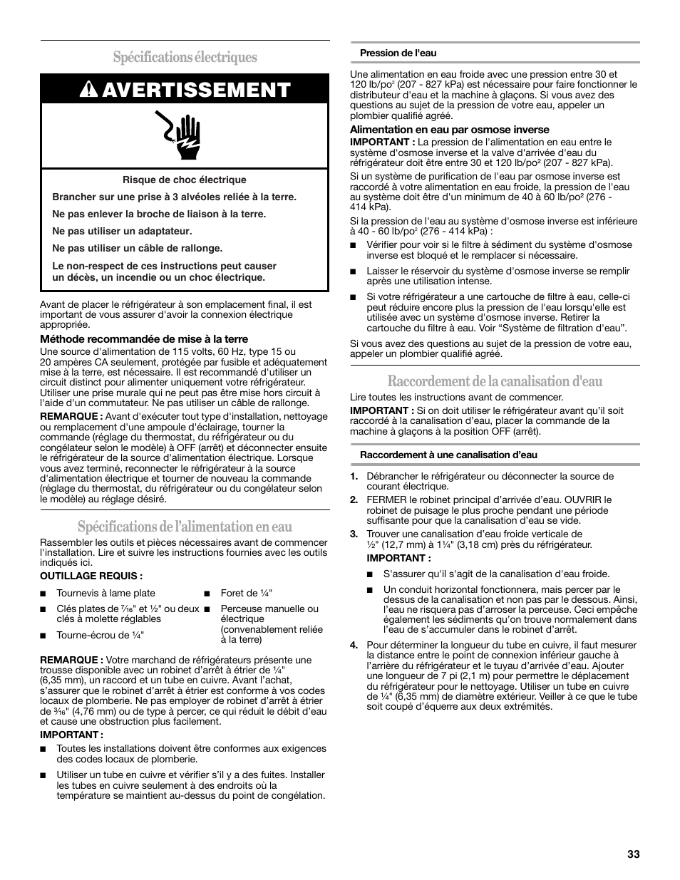 Avertissement, Spécifications électriques, Spécifications de l’alimentation en eau | Raccordement de la canalisation d'eau | Whirlpool 2315209 User Manual | Page 33 / 44