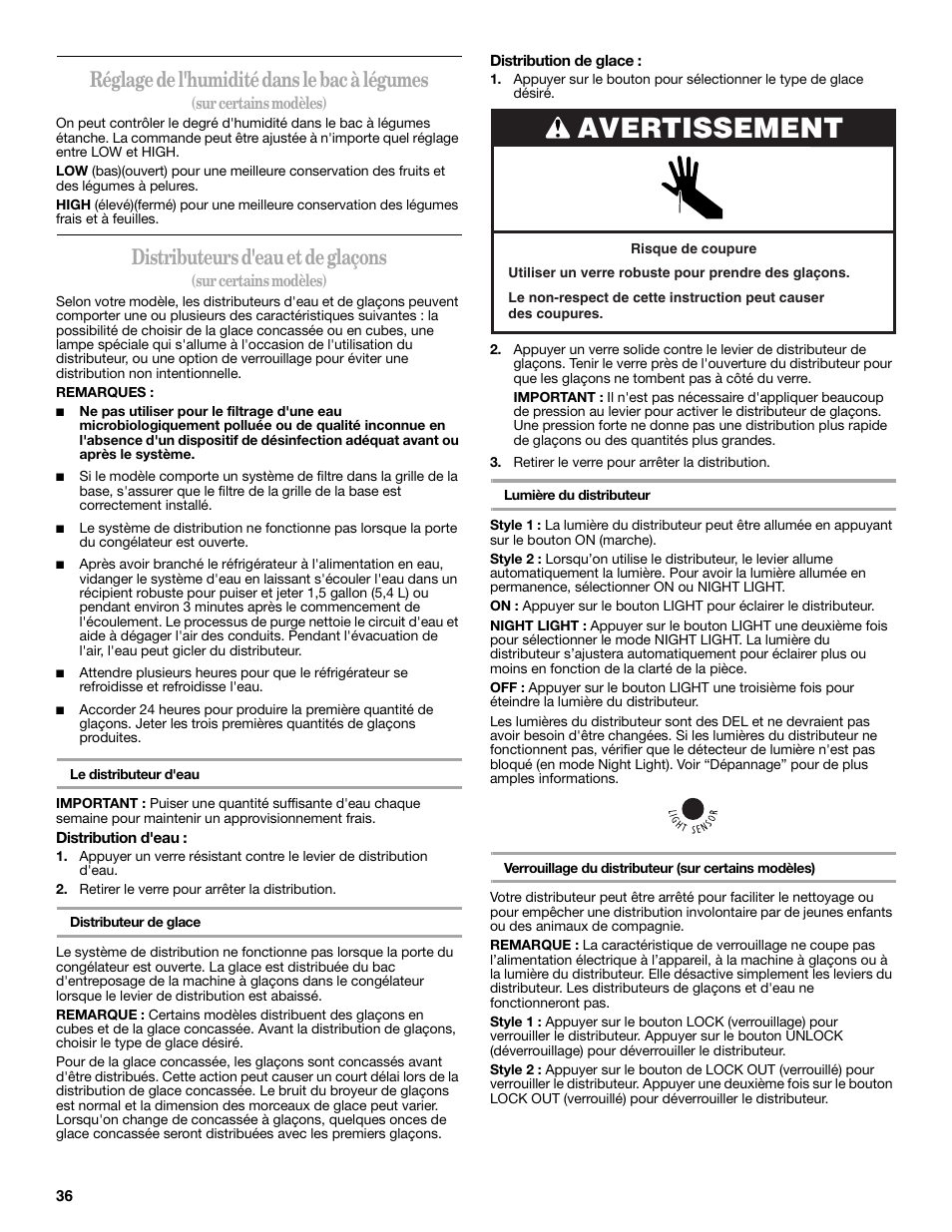 Avertissement, Réglage de l'humidité dans le bac à légumes, Distributeurs d'eau et de glaçons | Whirlpool 2315209 User Manual | Page 36 / 44