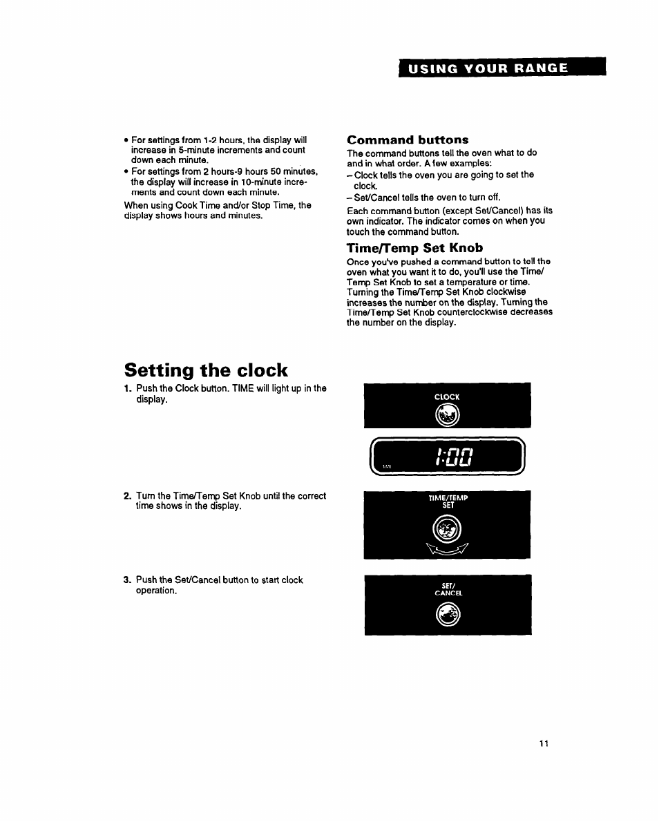 Command buttons, Time/temp set knob, Setting the clock | Whirlpool FES355Y User Manual | Page 11 / 32