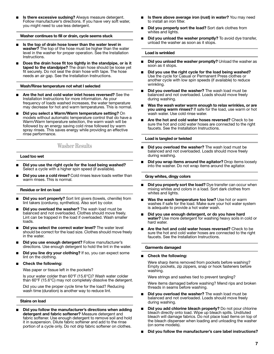 Washer results | Whirlpool Inglis IAS5000RQ2 User Manual | Page 7 / 8