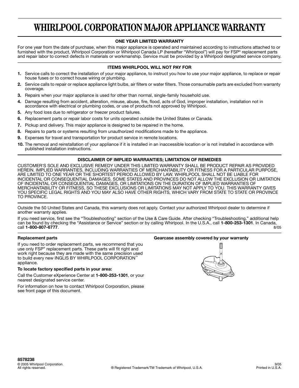 Whirlpool corporation major appliance warranty | Whirlpool Inglis IAS5000RQ2 User Manual | Page 8 / 8