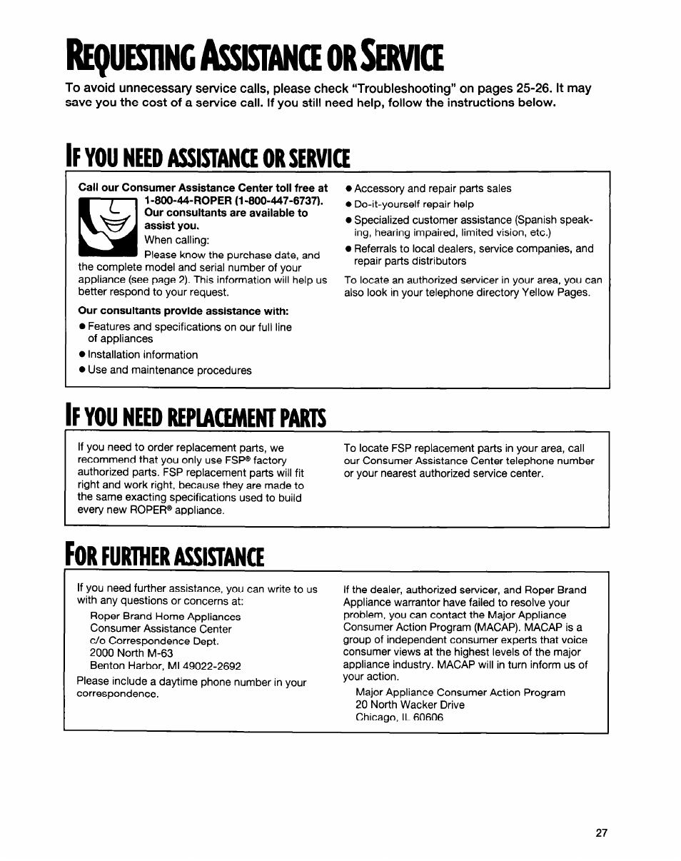 Re(|uesnnc asskimke orservke, If you need assistana or servig, If you need replacement parts | For further assistana, Assistana, You need replacement parts, Further assistana, Need, Servig | Whirlpool FGS335E User Manual | Page 27 / 29
