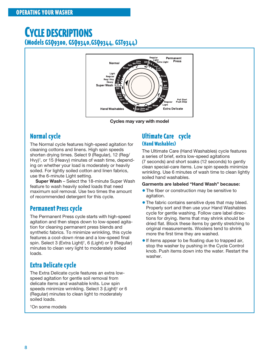 Cycle descriptions, Ycle, Descriptions | Ultimate care * cycle, Normal cycle, Permanent press cycle, Extra delicate cycle, Operating your washer | Whirlpool 3950310 User Manual | Page 8 / 20